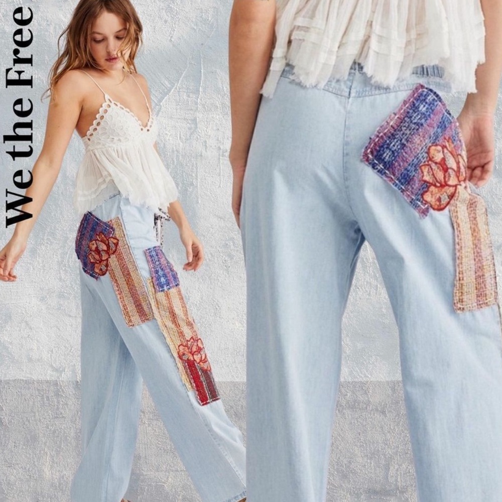 We The Free Light Blue Straight Leg Pants with Multicolor Patchwork
